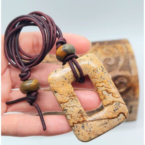 Large Picture Jasper Necklace with Leather Cord Natural Gemstone Pendant - Picture 2 of 8